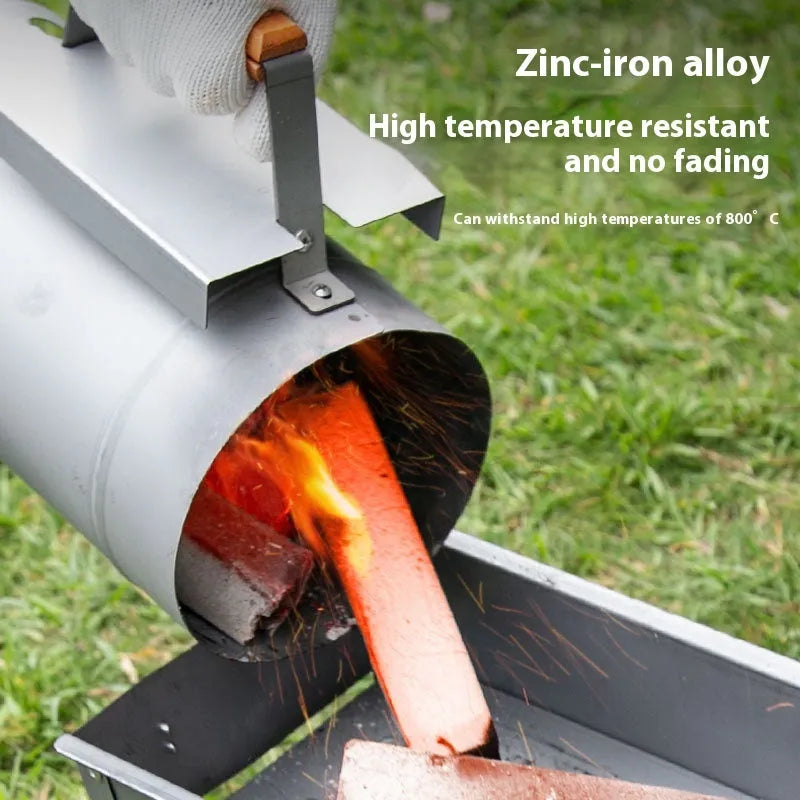 Zinc-iron alloy outdoor charcoal fire starter stove with point carbon barrel design and oven igniter.