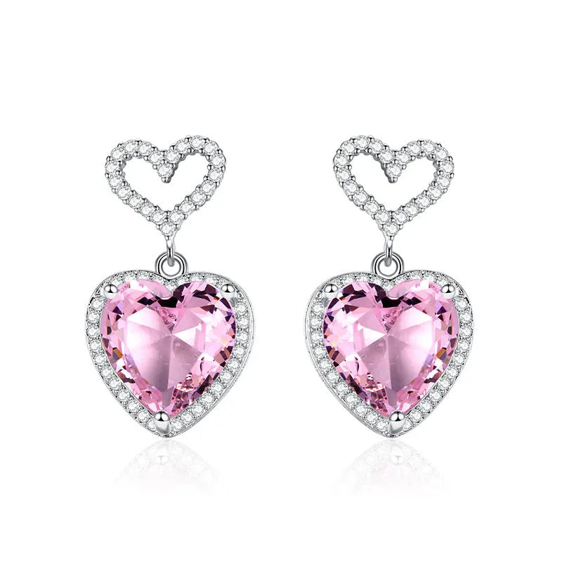 Pink crystal heart earrings on copper base, 26x15mm, 7g, 2023 new light luxury fashion jewellery for women girls