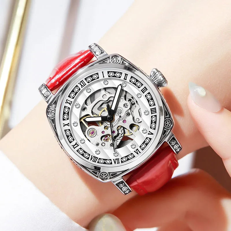Mechanical wrist watch with luminous hands and leather strap in multiple colour options