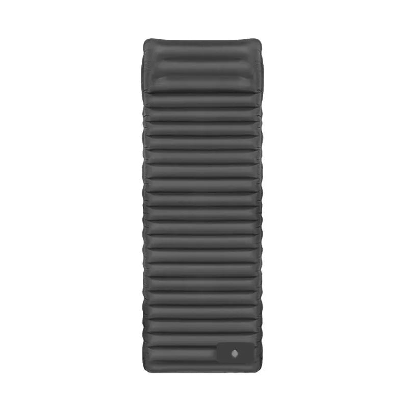 Portable inflatable camping mattress expanded to 195cm × 70cm × 10cm dimensions in desert gray colour