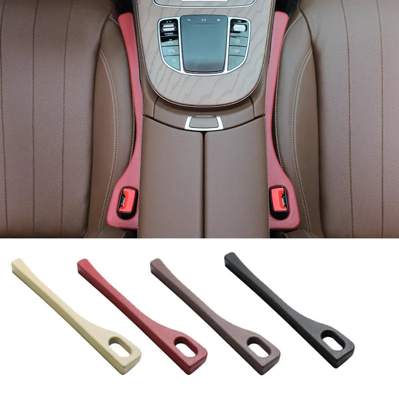 Polyurethane car seat gap strips in black, brown, red and beige colours for preventing items falling between vehicle seats