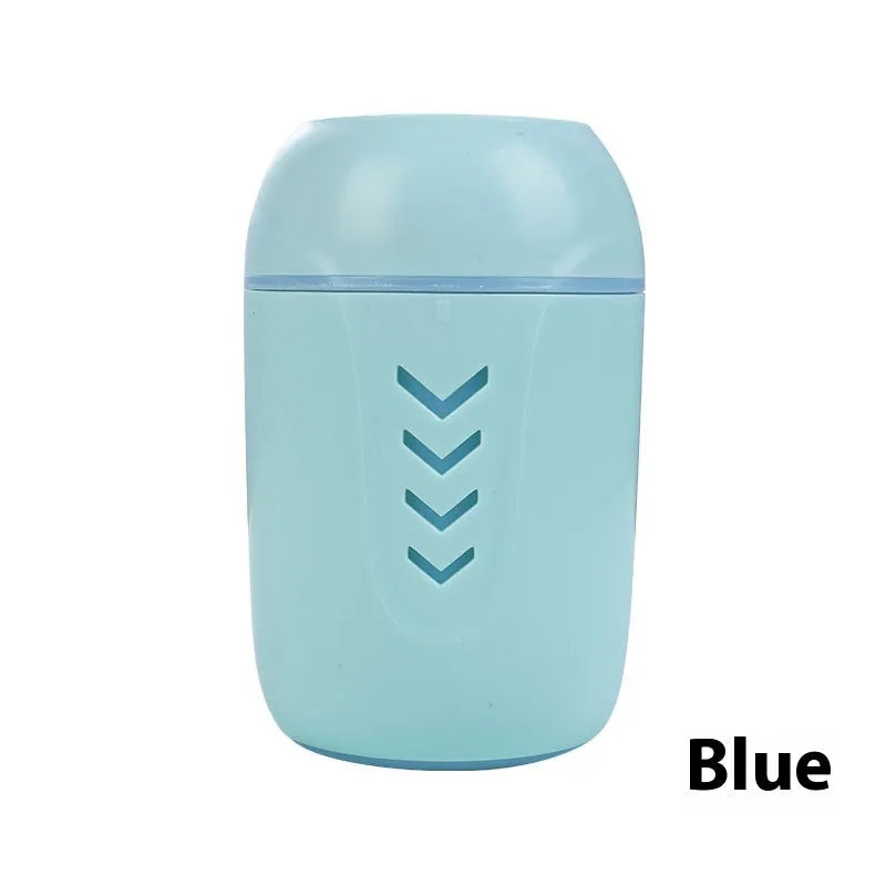 Small round portable air purifier in blue colour with USB cable for car or desktop use.