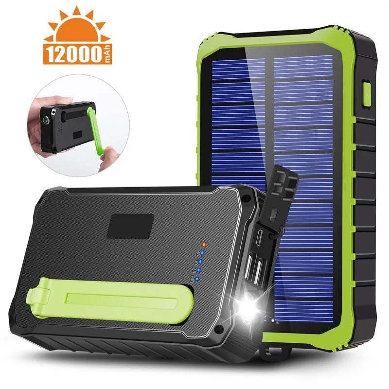 Orange hand solar mobile power bank showing USB ports, solar panel, and hand charging mechanism
