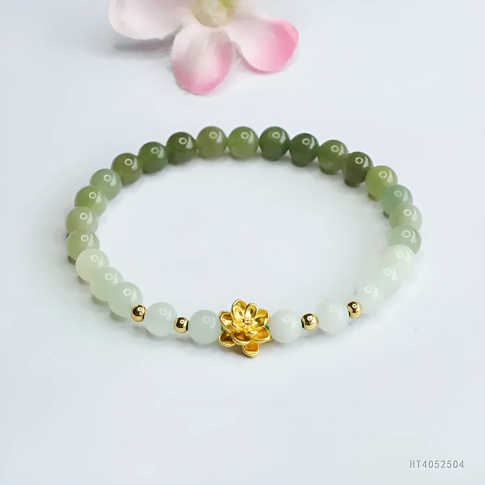 Hand-woven Hetian jade bracelet with 6mm flower beads showing sunshine water gradient colour