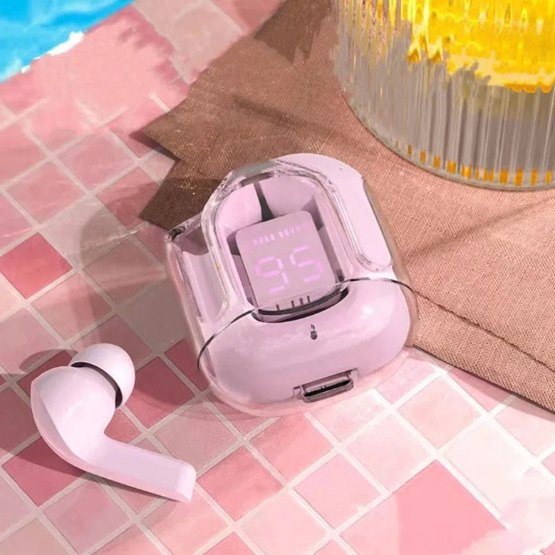 Transparent space capsule case true wireless Bluetooth headset showing internal components