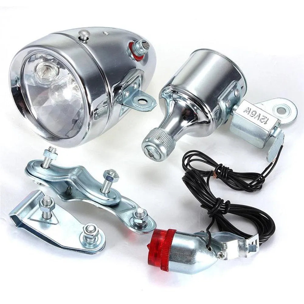 Silver bicycle generator light modification kit for friction-powered front and rear lighting