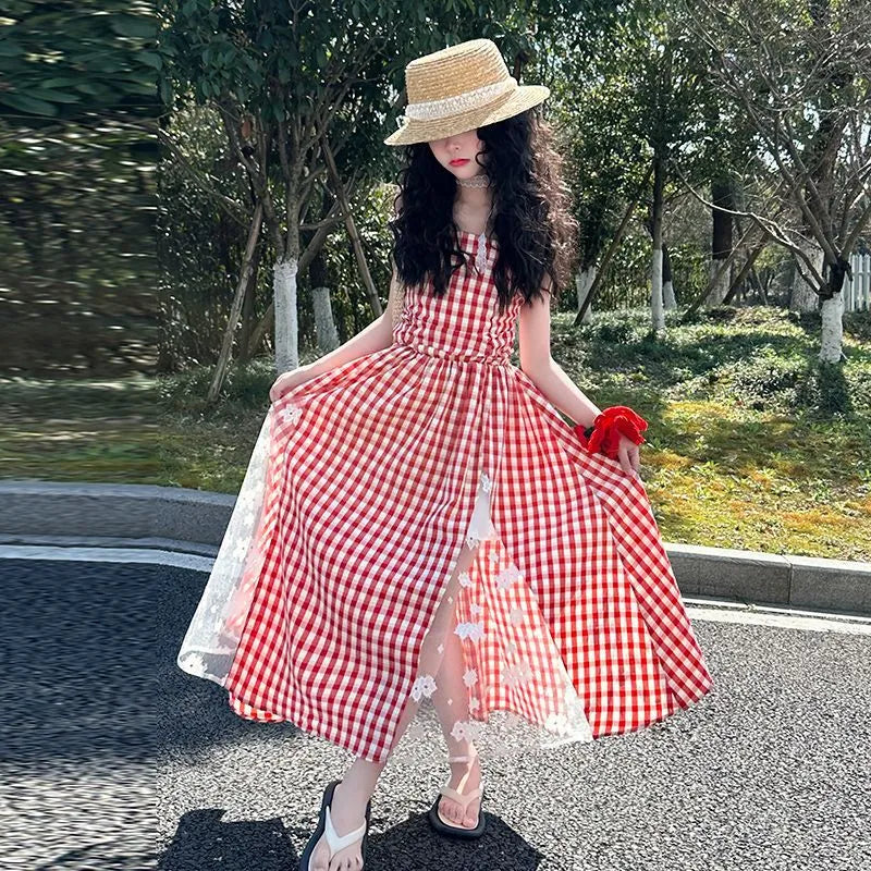 Red plaid non-slip girls dress with lace stitching and cartoon pattern