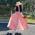 Red plaid non-slip girls dress with lace stitching and cartoon pattern