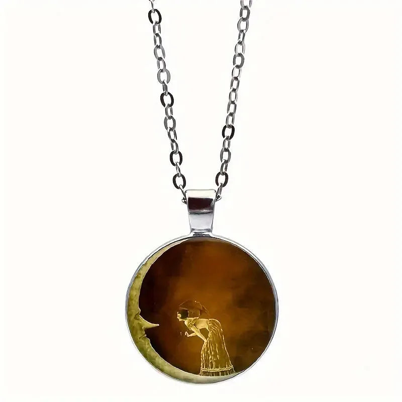Moon Girl glass pendant necklace with time gem cabochon, alloy cross chain, silver or bronze, 51-60cm perimeter