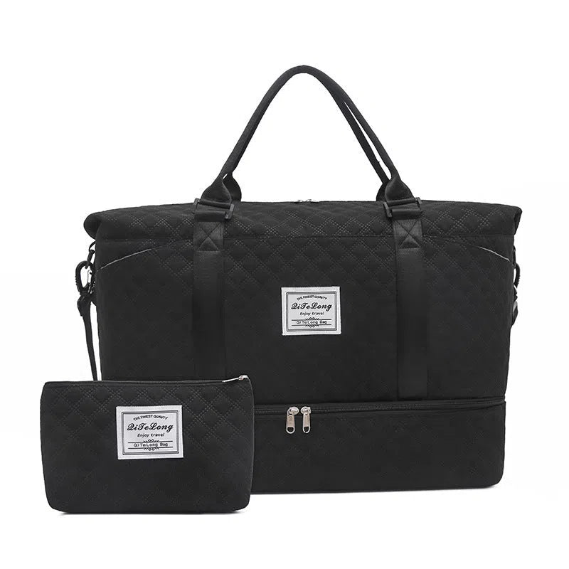 Three-piece travel bag set with waterproof Oxford cloth, two smaller bags, and dry-wet separation in pink black off-white blue