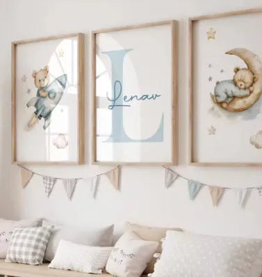 Watercolour little bear canvas painting set of 3 frameless Nordic wall art, 30x40cm and 40x50cm sizes
