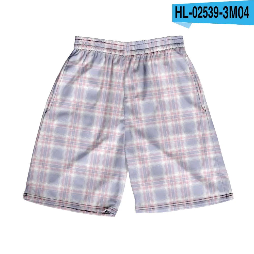 Men's plaid pattern casual shorts with elastic waistband on a plain background.