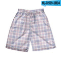 Men's plaid pattern casual shorts with elastic waistband on a plain background.