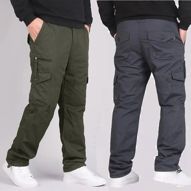 Men's loose spring autumn outdoor overalls in solid colour khaki with zip placket mid waist cotton blend