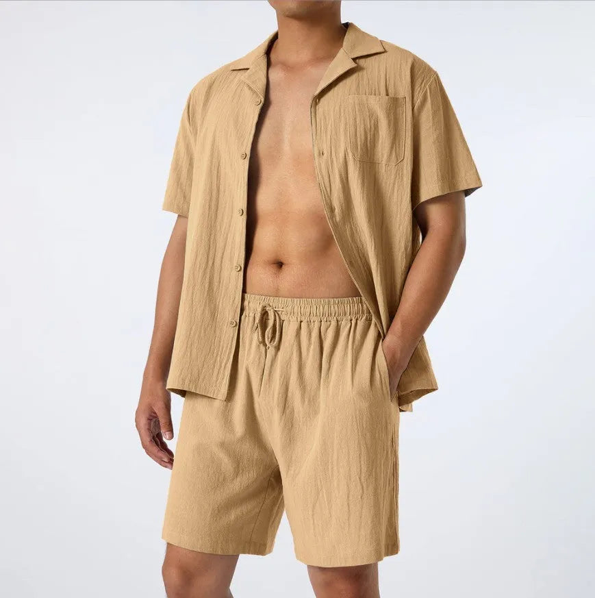 Men's loose casual shirt two-piece set in polyester, available in multiple colours and sizes from S to 2XL