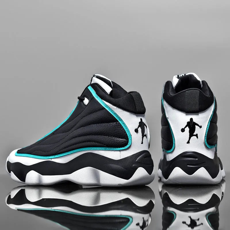 Men's high-top basketball shoes with mesh upper and thick rubber sole in AJ13 colour options