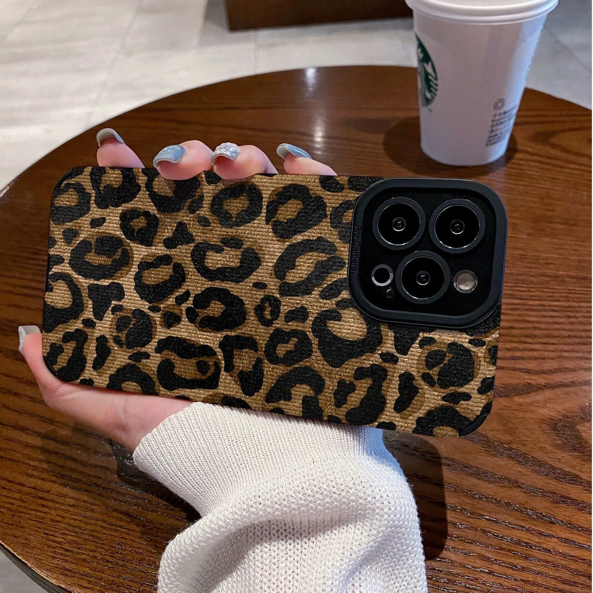 Cartoon phone case in gold leopard print imitation leather, all-inclusive design for iPhone.