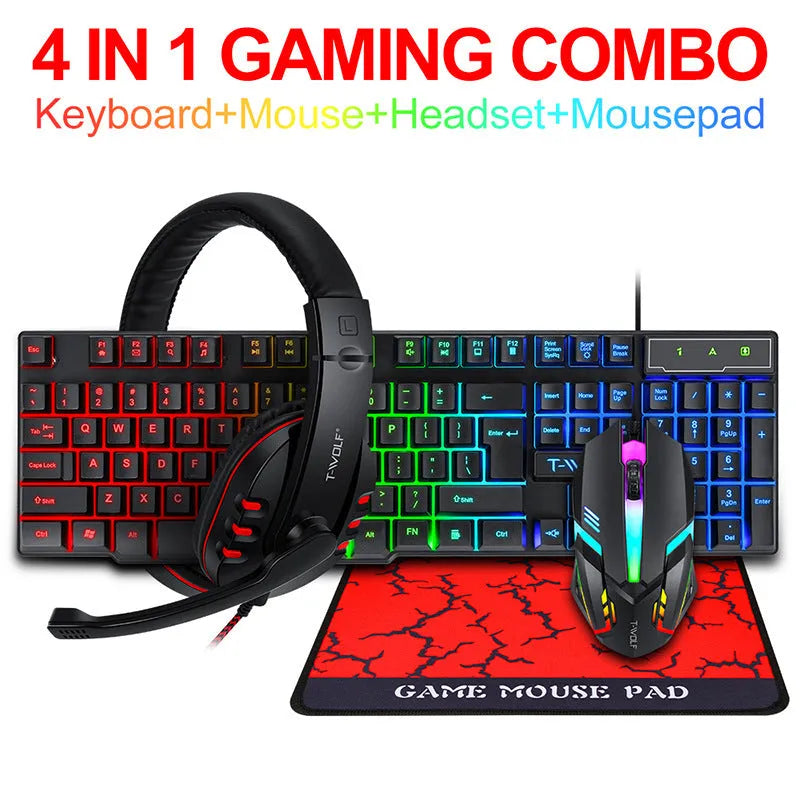 Thunder Wolf T800 wired gaming keyboard and mouse set with headset and mouse pad on desk