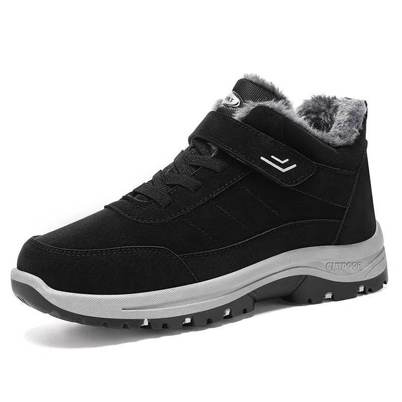 High-top outdoor snow boots with thick PVC sole, artificial PU upper, and stitching details, available in multiple colours
