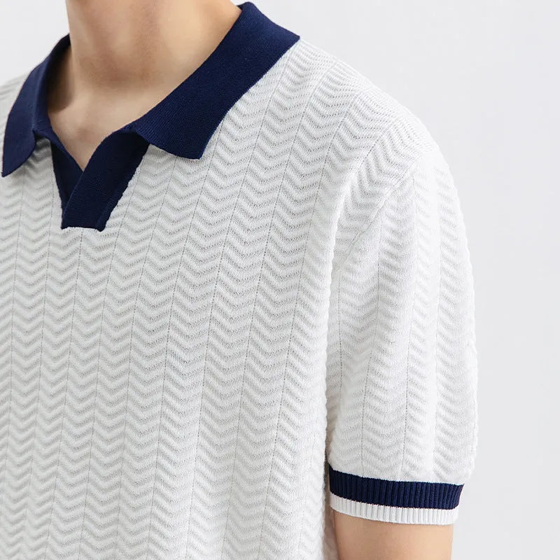 Men's summer Ice Silk striped polo shirt with short sleeves in dark green, regular fit, on white background