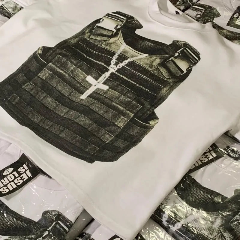 Printed cotton short sleeve t-shirt showing retro street style design with drop-shoulder sleeves