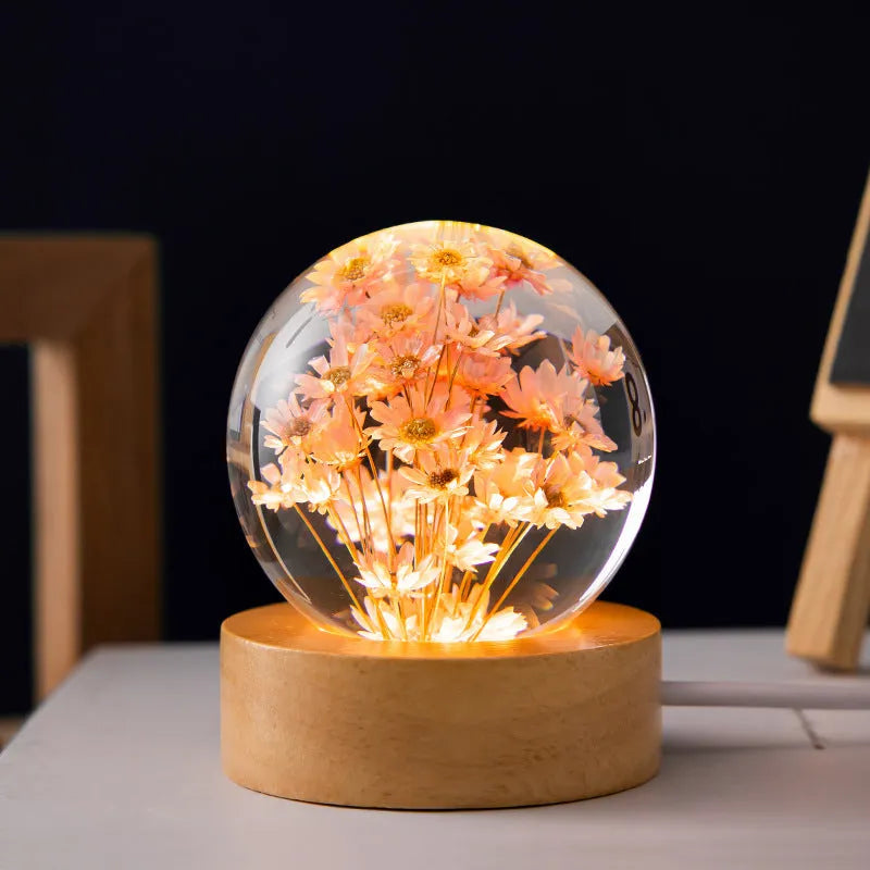 3D dandelion crystal ball USB night light on a beech wood base, 6cm diameter