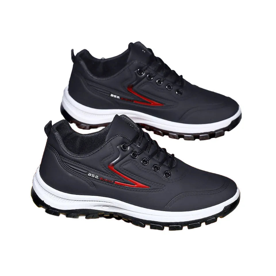 Black and grey waterproof leisure sports shoes with soft plastic soles and pointed-toe design