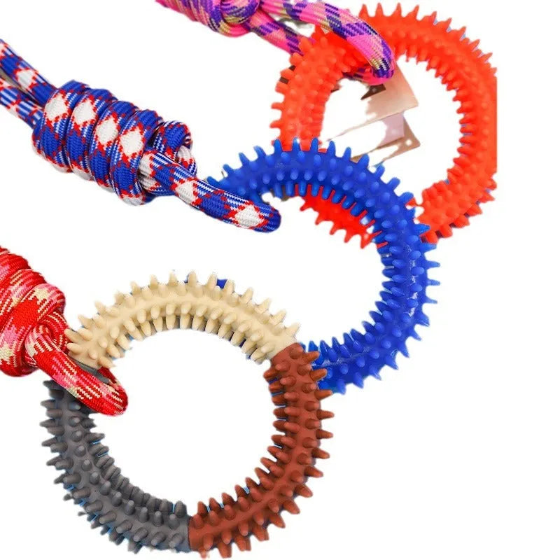 Blue braided rope knot dog toy showing knotted design and textured surface