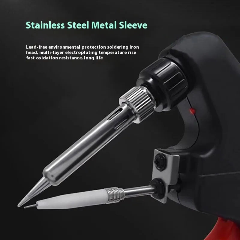 External heating soldering gun with black plastic handle, 220V EU plug, 235x215x50mm size, solder wire, stand, tweezers, and solder sucker