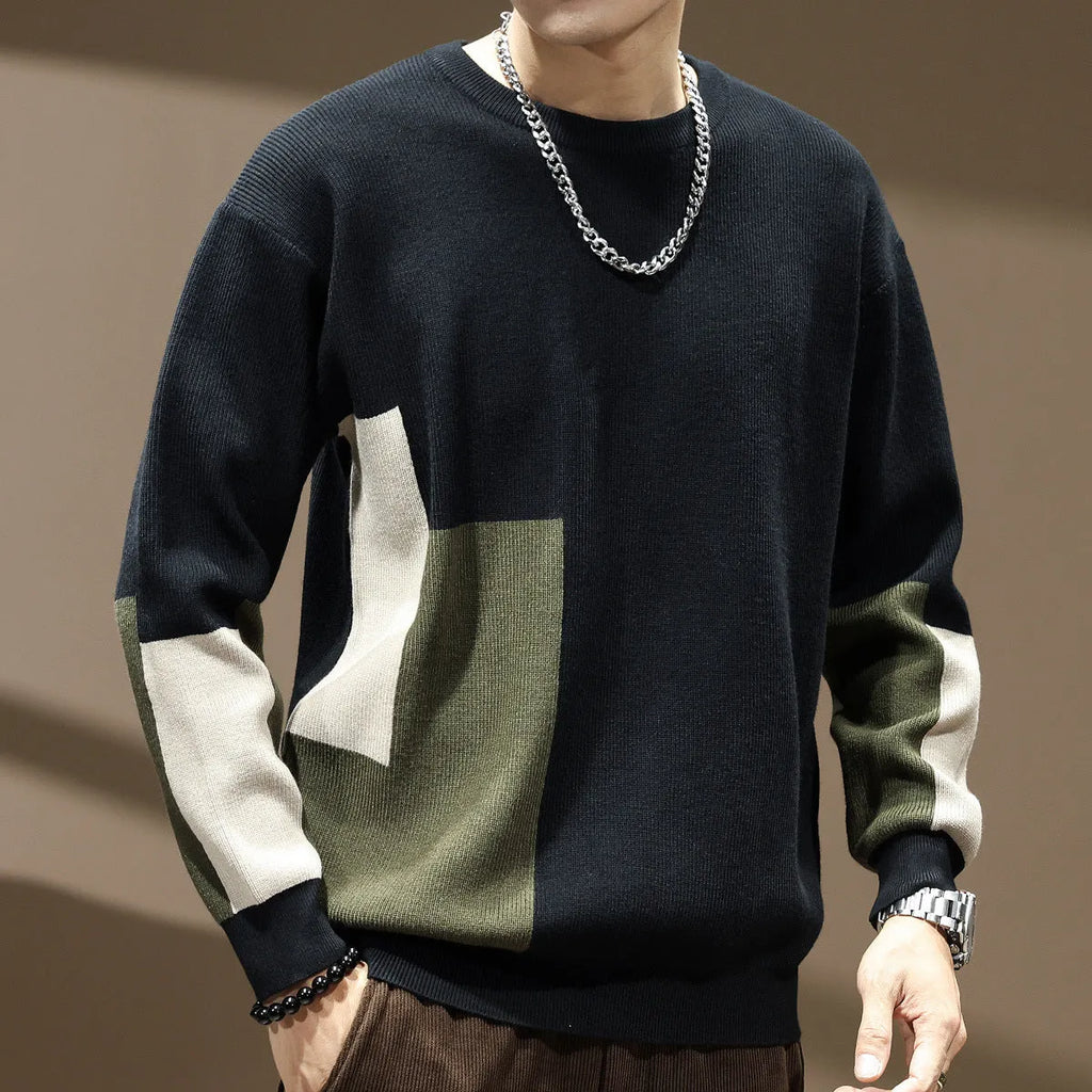 Men's black high sense colour contrast patchwork loose-fitting oversized polyester sweater with long sleeves