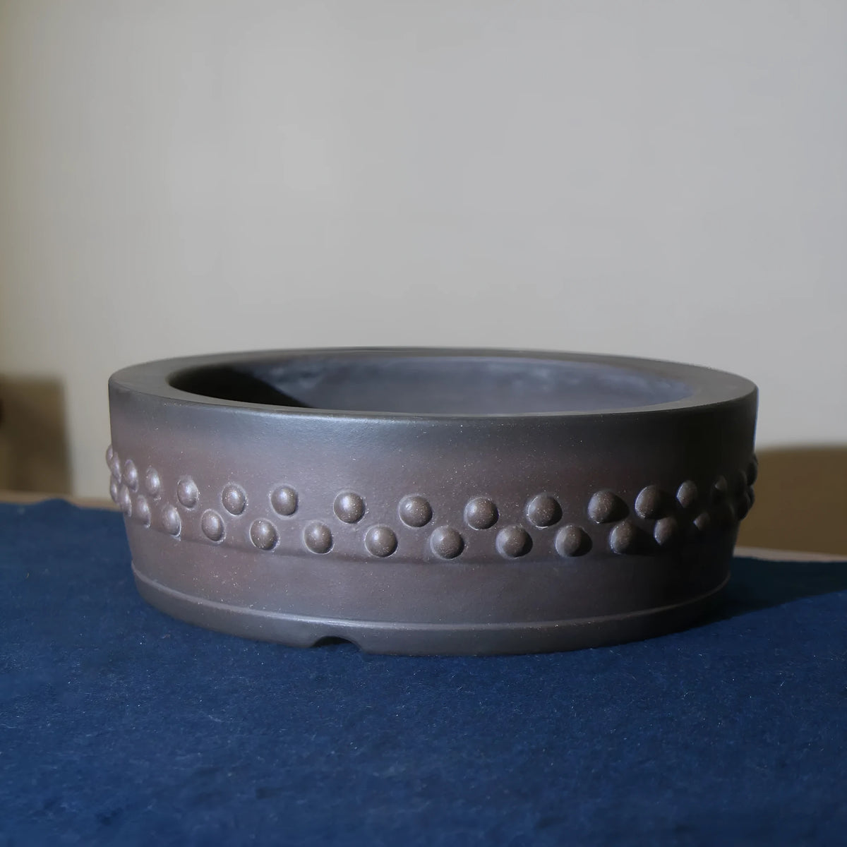 Purple sand ceramic bonsai pot, handmade round drum planter with nail detailing, 29.5cm inner diameter
