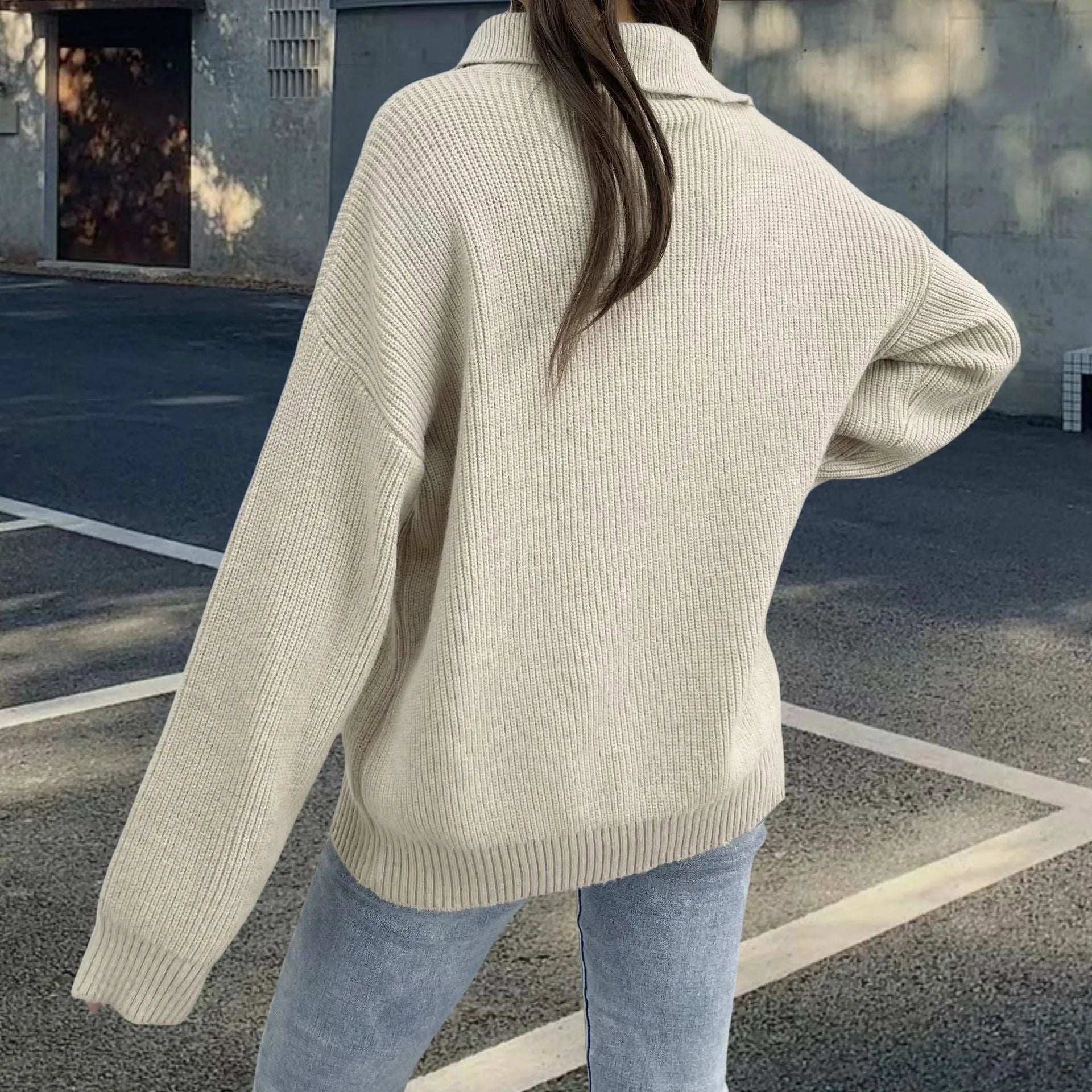 Women's loose lapel alpaca wool pullover sweater with oblique zipper in light khaki colour