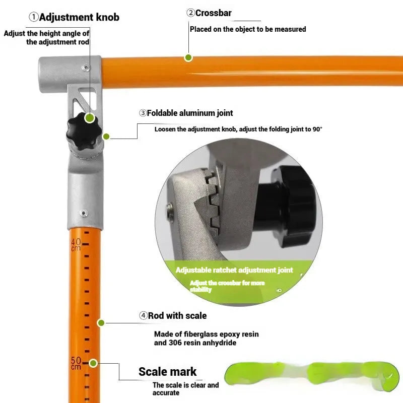 Telescopic fibreglass height measuring rod extended vertically, showing clear measurement scale against a truck for size comparison.