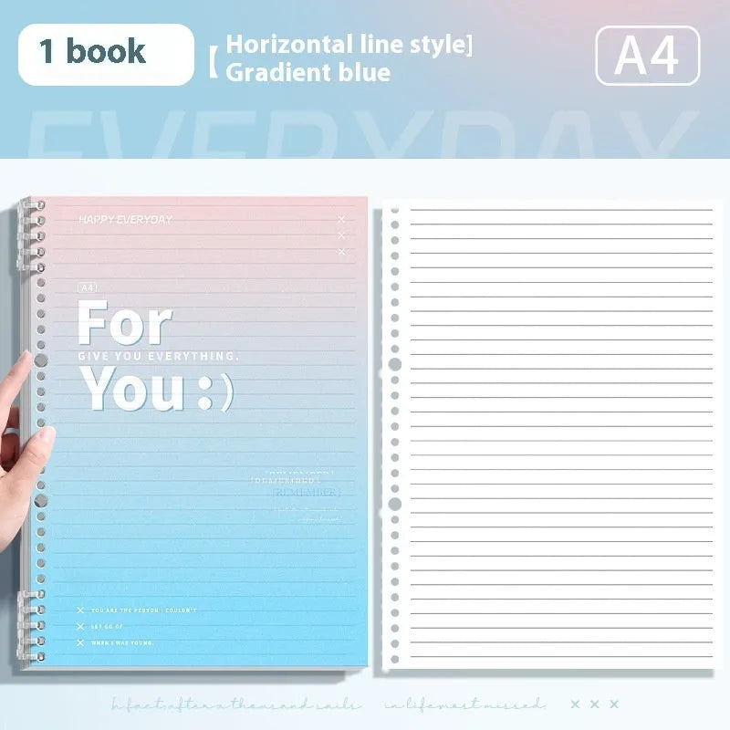 Removable coil notebook with gradient PP cover in green blue pink and purple showing wood-free paper pages