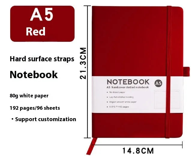 A5 office diary with hand skin feeling PU leather cover and strap closure, open to show horizontal line pages.