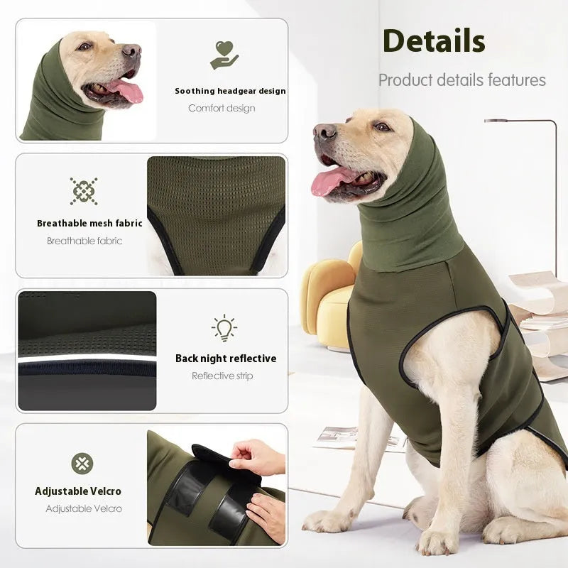 Dog wearing army green calming jacket with velcro straps for anxiety relief