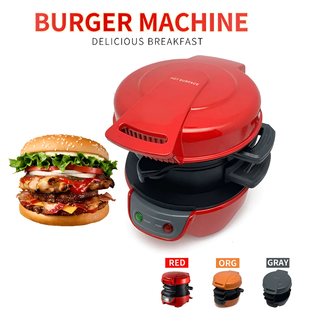 Household breakfast machine with sandwich maker and egg cooker functions in bright red colour