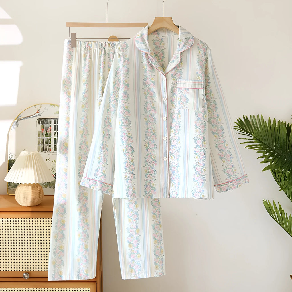 Japanese Sweet Ladies' cotton gauze homewear two-piece set in colour stripes pattern, featuring a long-sleeved top and trousers.
