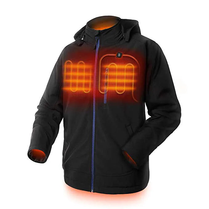 Black USB heating winter coat for men with zipper pockets and long sleeves