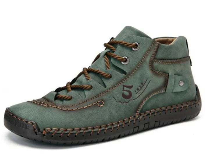 Men's casual hand-stitched cowhide leather Martin boots low-top tooling shoes in black with front tie closure