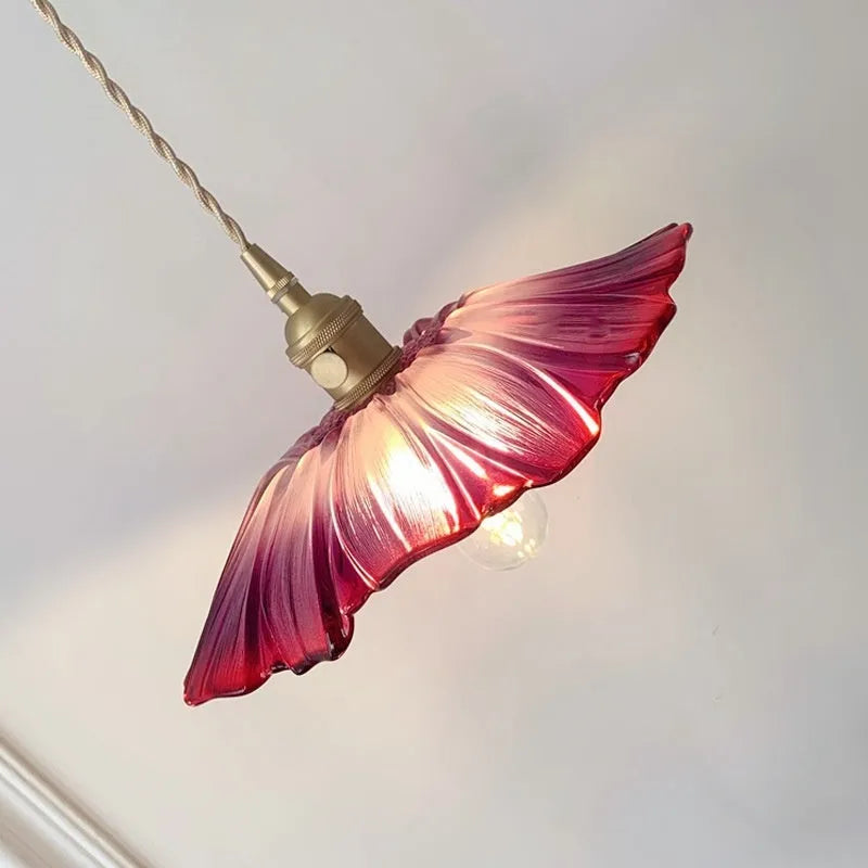 Nordic-style lotus leaf shaped glass lampshade LED light with iron body, shown as ceiling and pendant light.