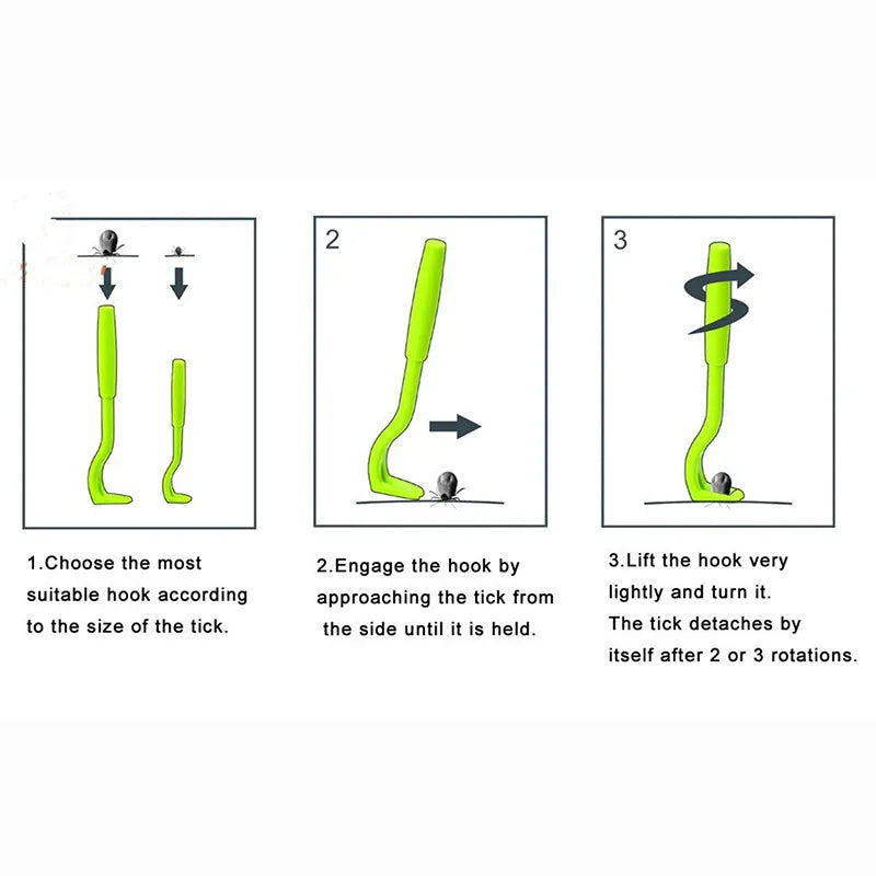 Three plastic tick removal clips in blue and green colours for pet grooming