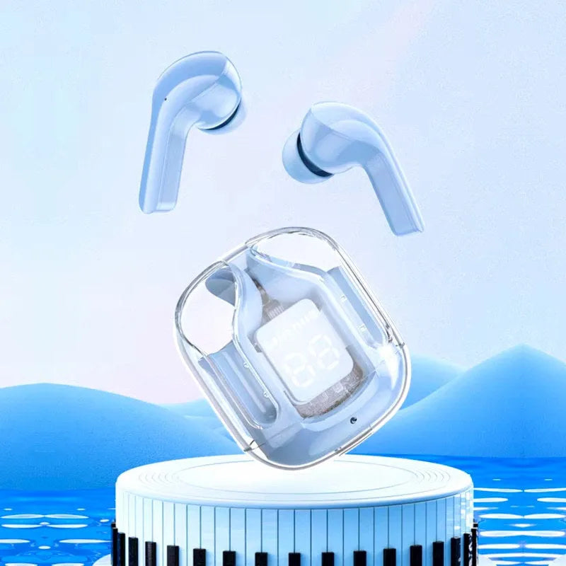 Transparent space capsule case true wireless Bluetooth headset showing internal components