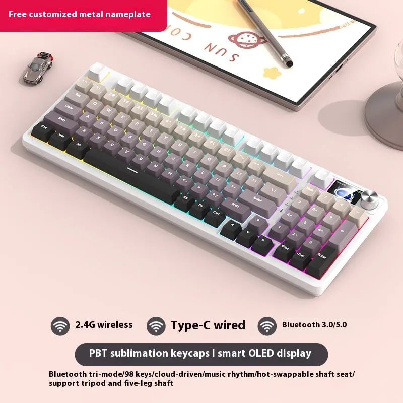 98 key wireless Bluetooth mechanical keyboard kit with optional display screen and metal knob