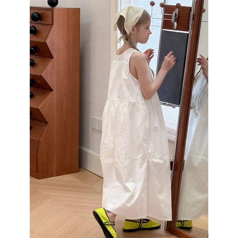 Girls white cotton suspender dress with dot pattern, summer French style, sizes 90cm to 150cm