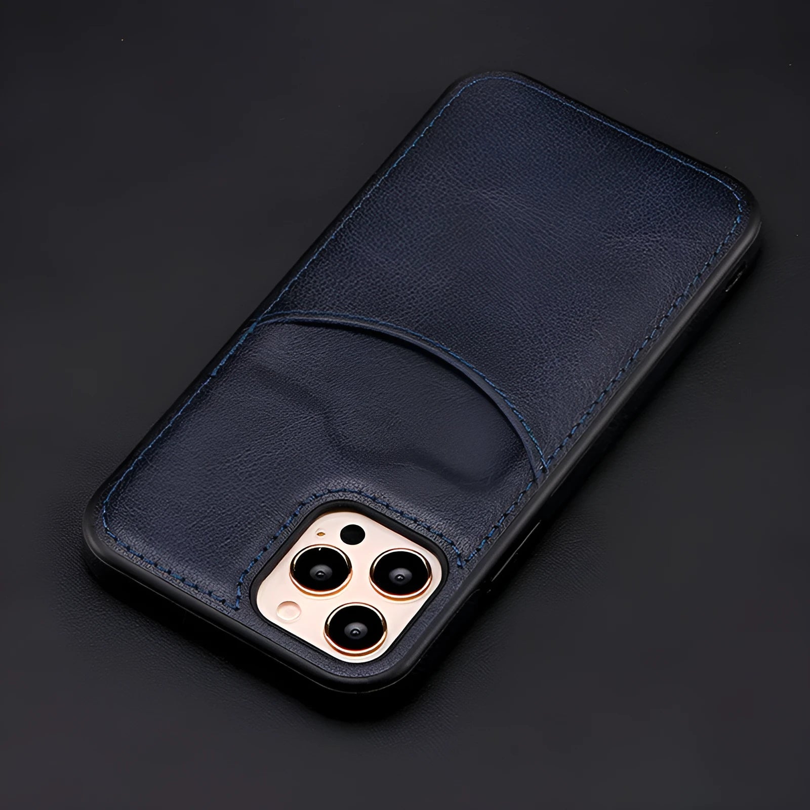 Dark blue PU leather protective case for iPhone models including iPhone 14 Pro Max and iPhone 13.