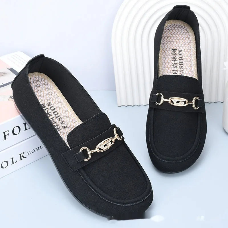 Gommino women's black casual shoes with round toe and soft rubber sole