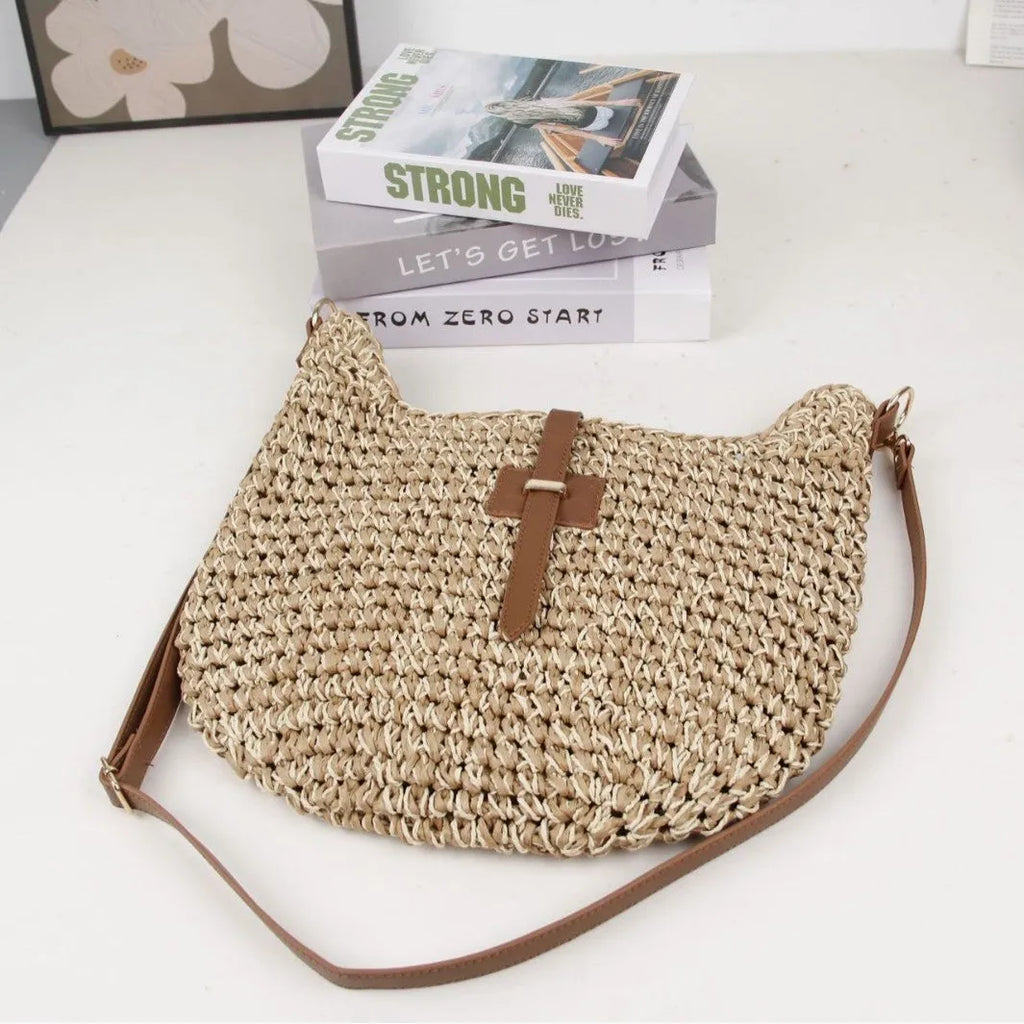 Beige handmade woven shoulder bag with sandwich pocket construction and sewing thread detailing