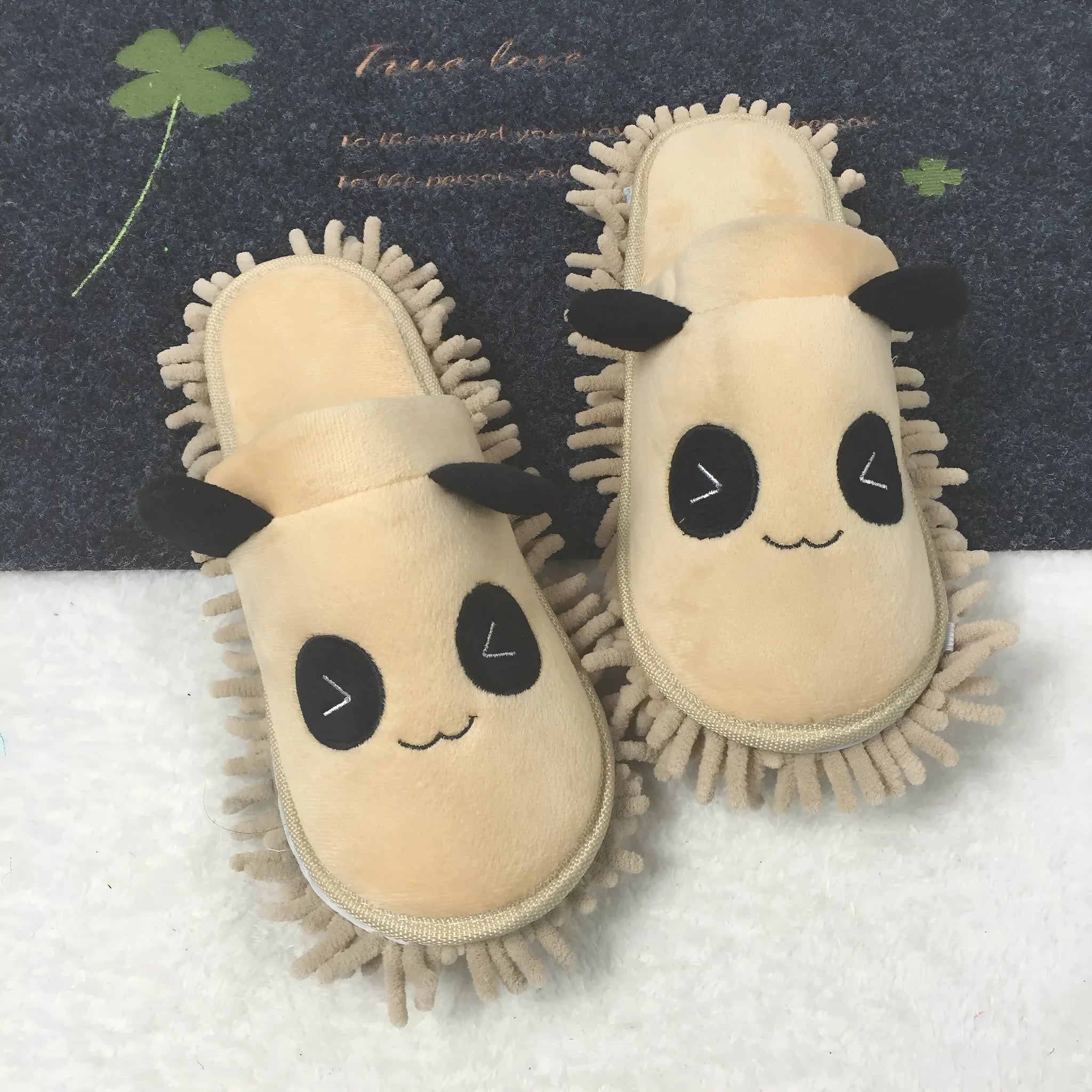 Cute panda pattern lazy mute slippers with removable washable design in beige, brown, grey, and pink colour options.