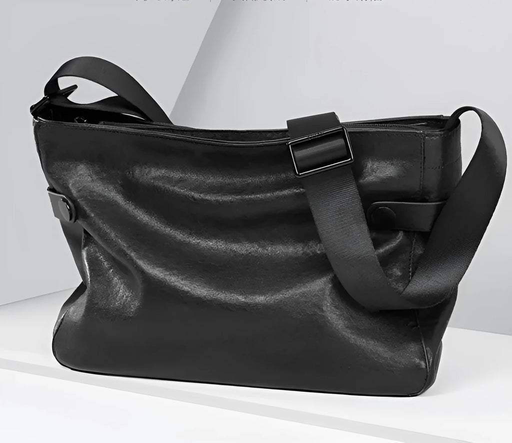 Men's genuine leather crossbody bag black waterproof solid colour patchwork design fabric lining